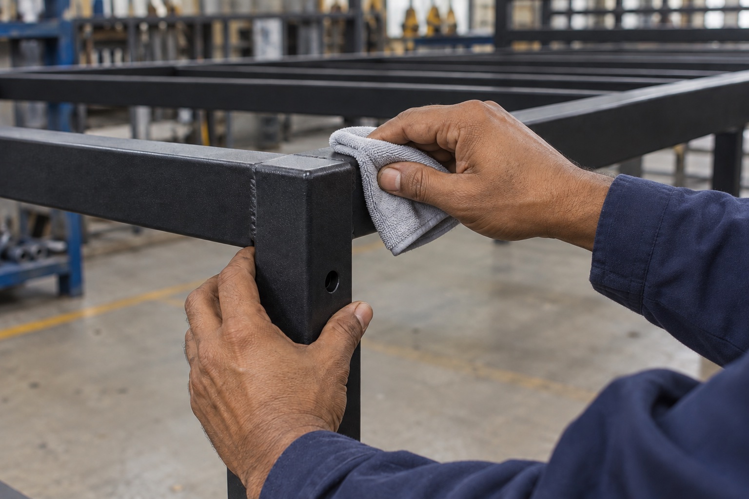 Illustrative close-up of a powder-coated steel bed frame being inspected