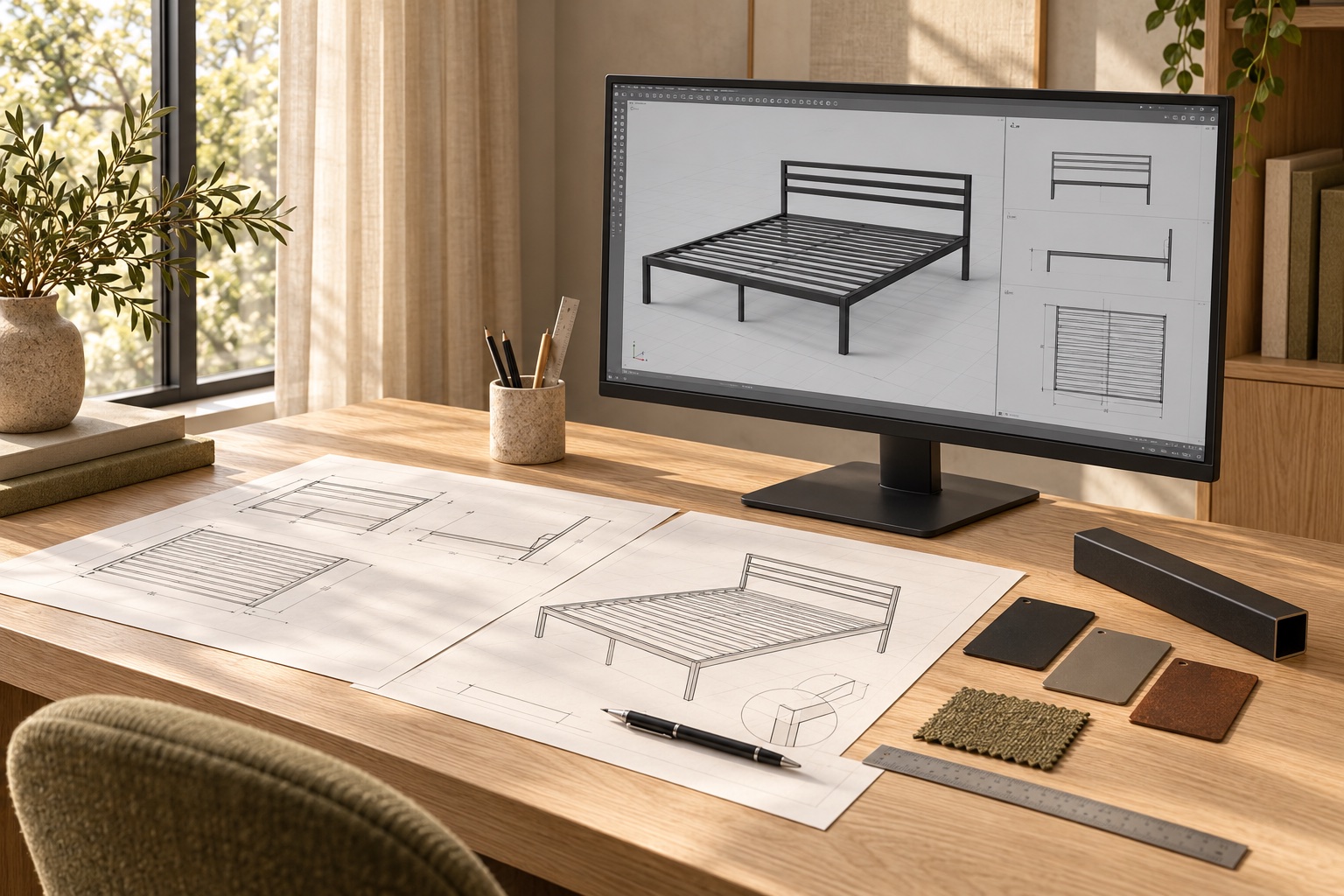 Furniture design studio with bed-frame plans, digital 3D model, and finish samples