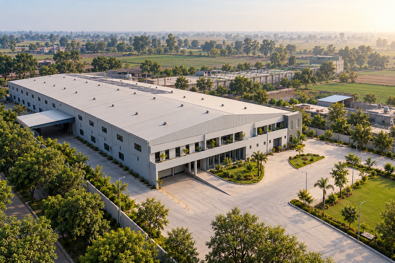 Aerial illustration inspired by Big Ben’s Ludhiana warehouse and landscaped grounds
